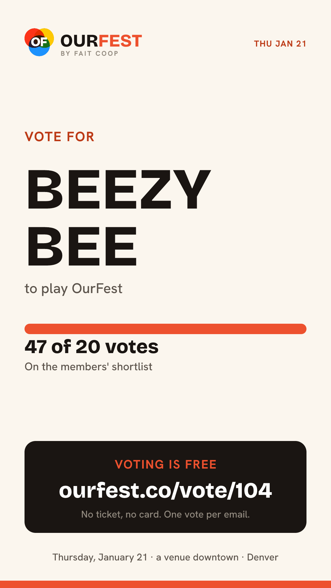 Story card: vote for Beezy Bee, 47 of 20 votes, ourfest.co/vote/104