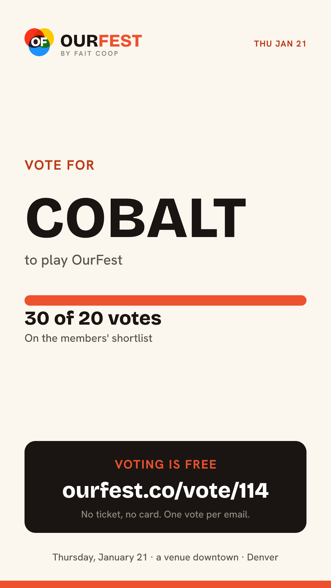 Story card: vote for COBALT, 30 of 20 votes, ourfest.co/vote/114