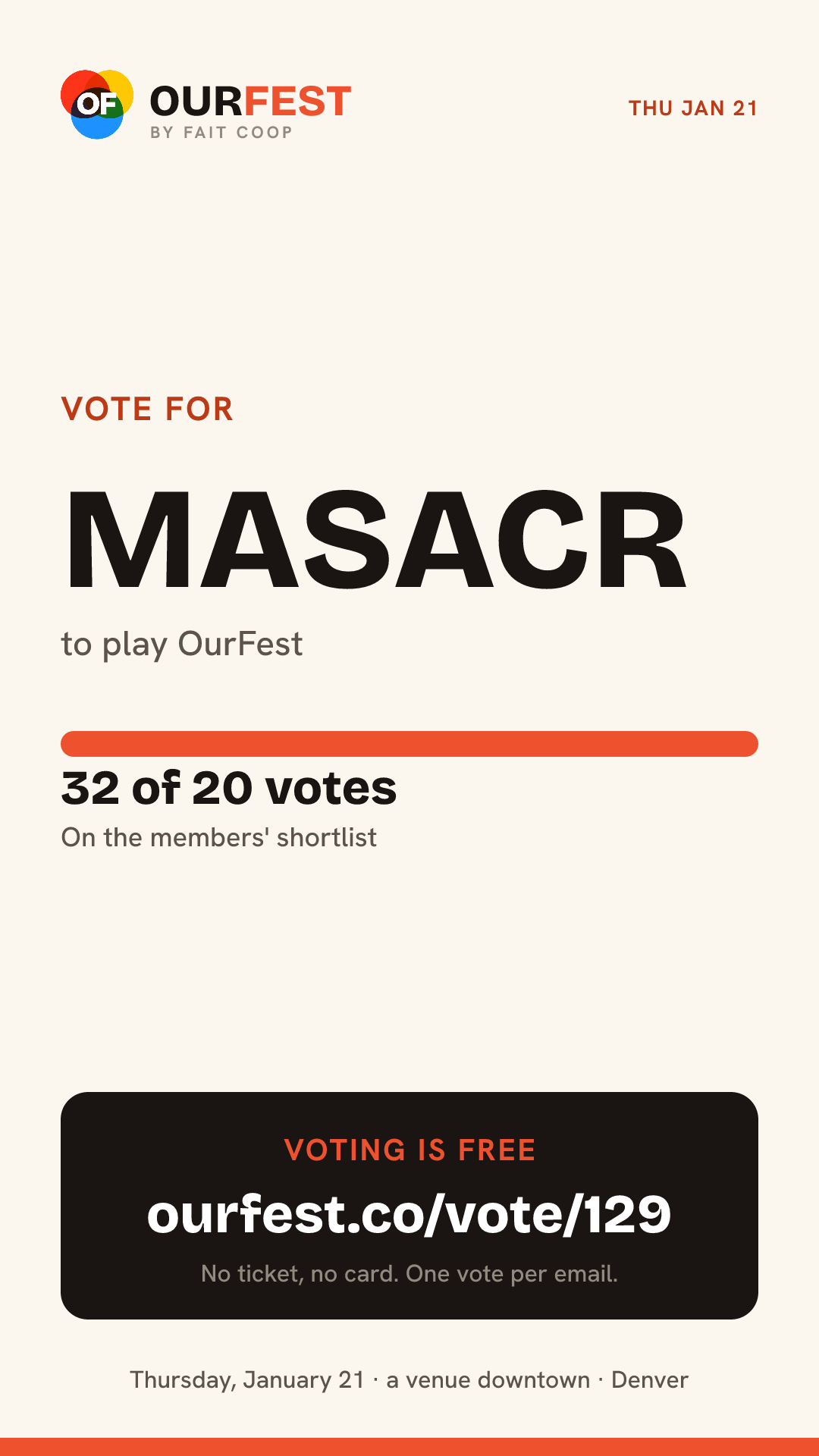 Story card: vote for MASACR, 32 of 20 votes, ourfest.co/vote/129