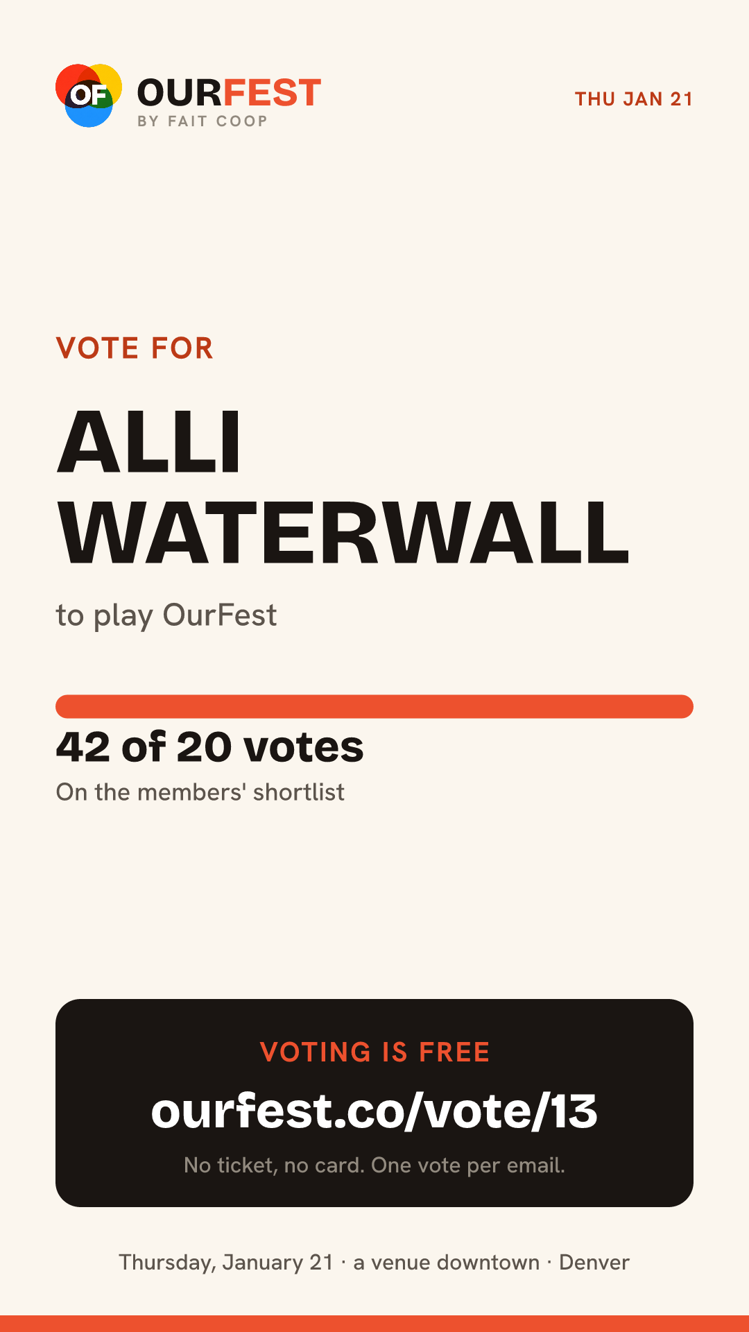 Story card: vote for Alli Waterwall, 42 of 20 votes, ourfest.co/vote/13