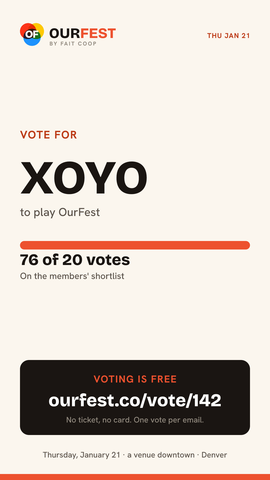Story card: vote for Xoyo, 76 of 20 votes, ourfest.co/vote/142