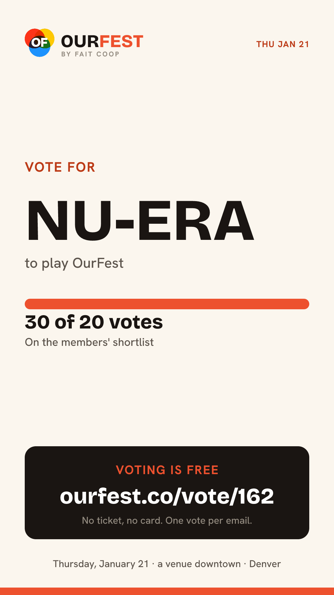 Story card: vote for Nu-era, 30 of 20 votes, ourfest.co/vote/162