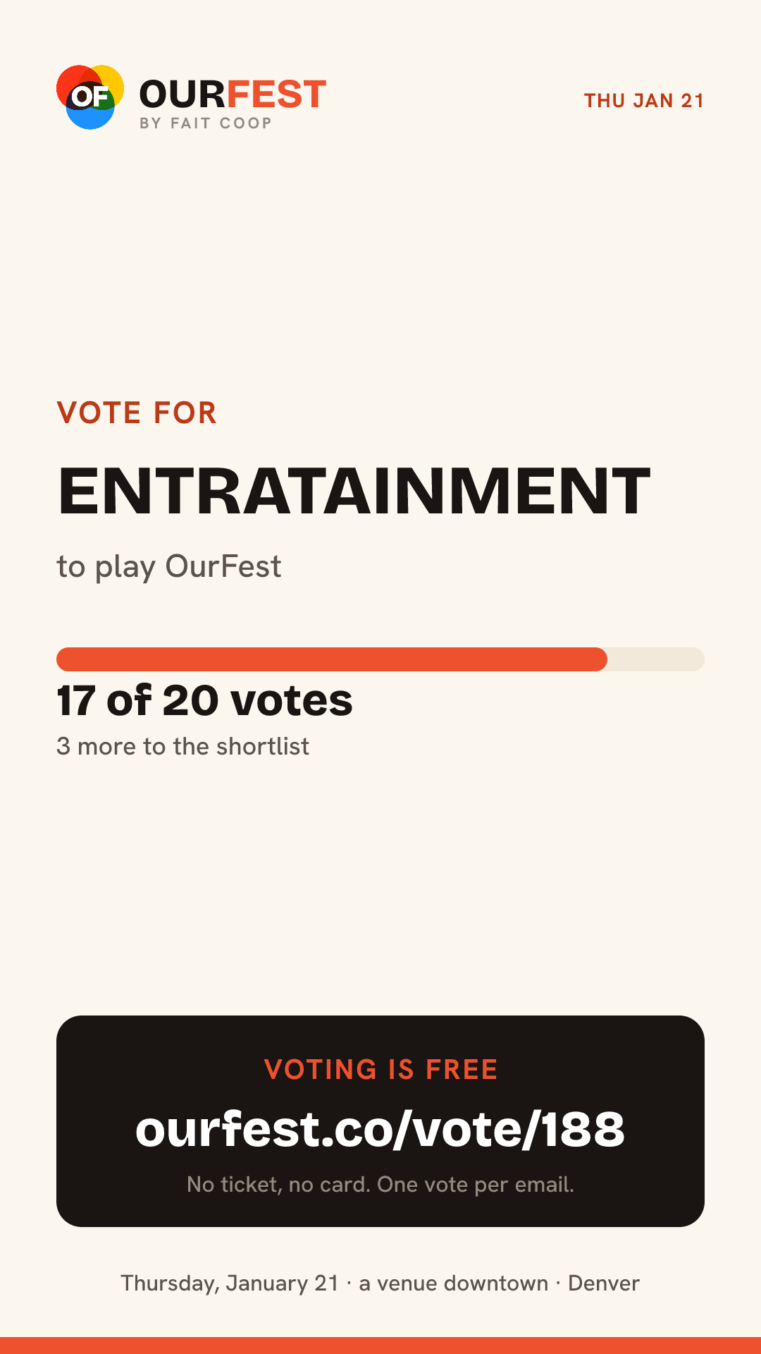 Story card: vote for entratainment, 17 of 20 votes, ourfest.co/vote/188