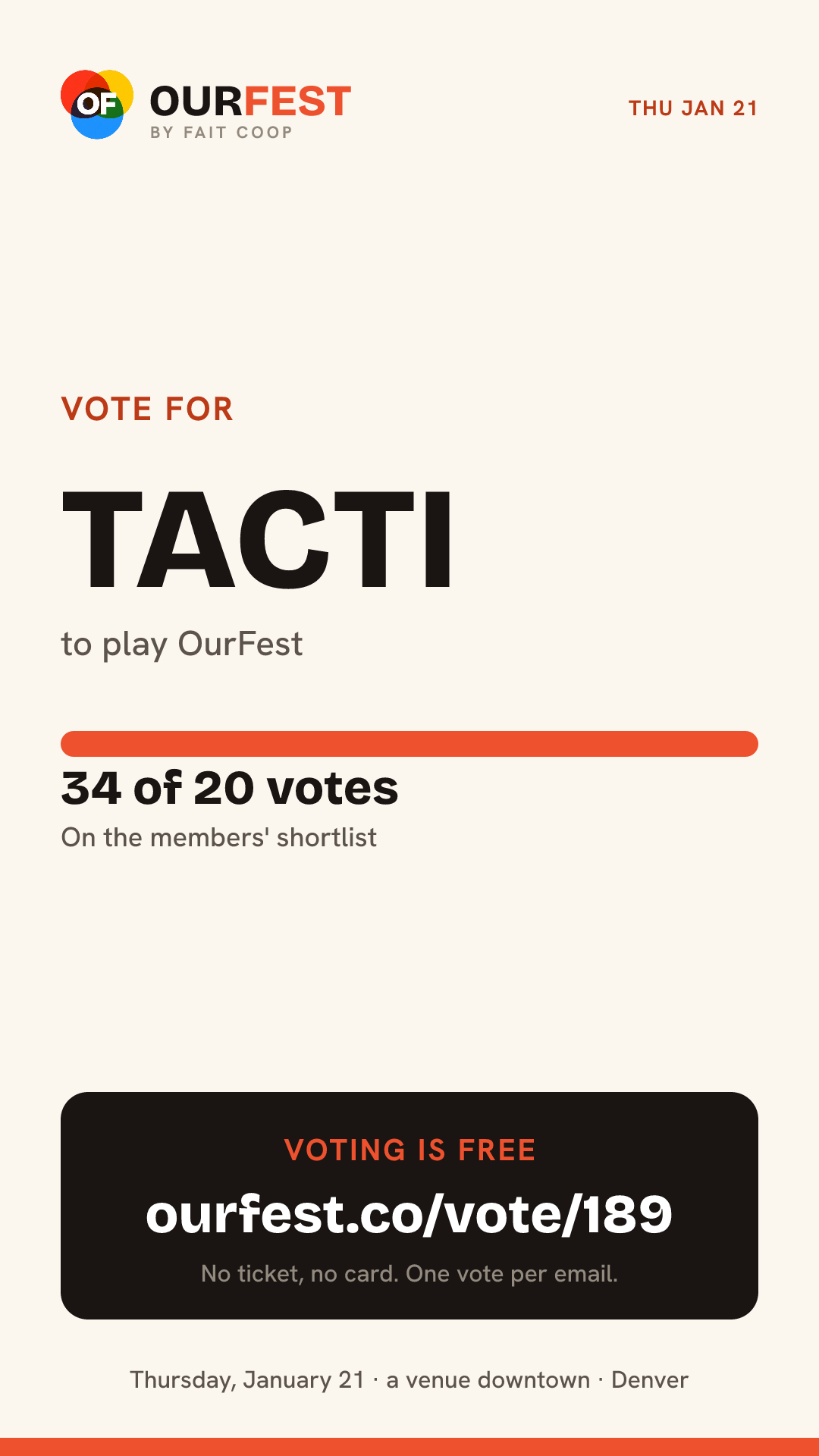 Story card: vote for TACTI, 34 of 20 votes, ourfest.co/vote/189