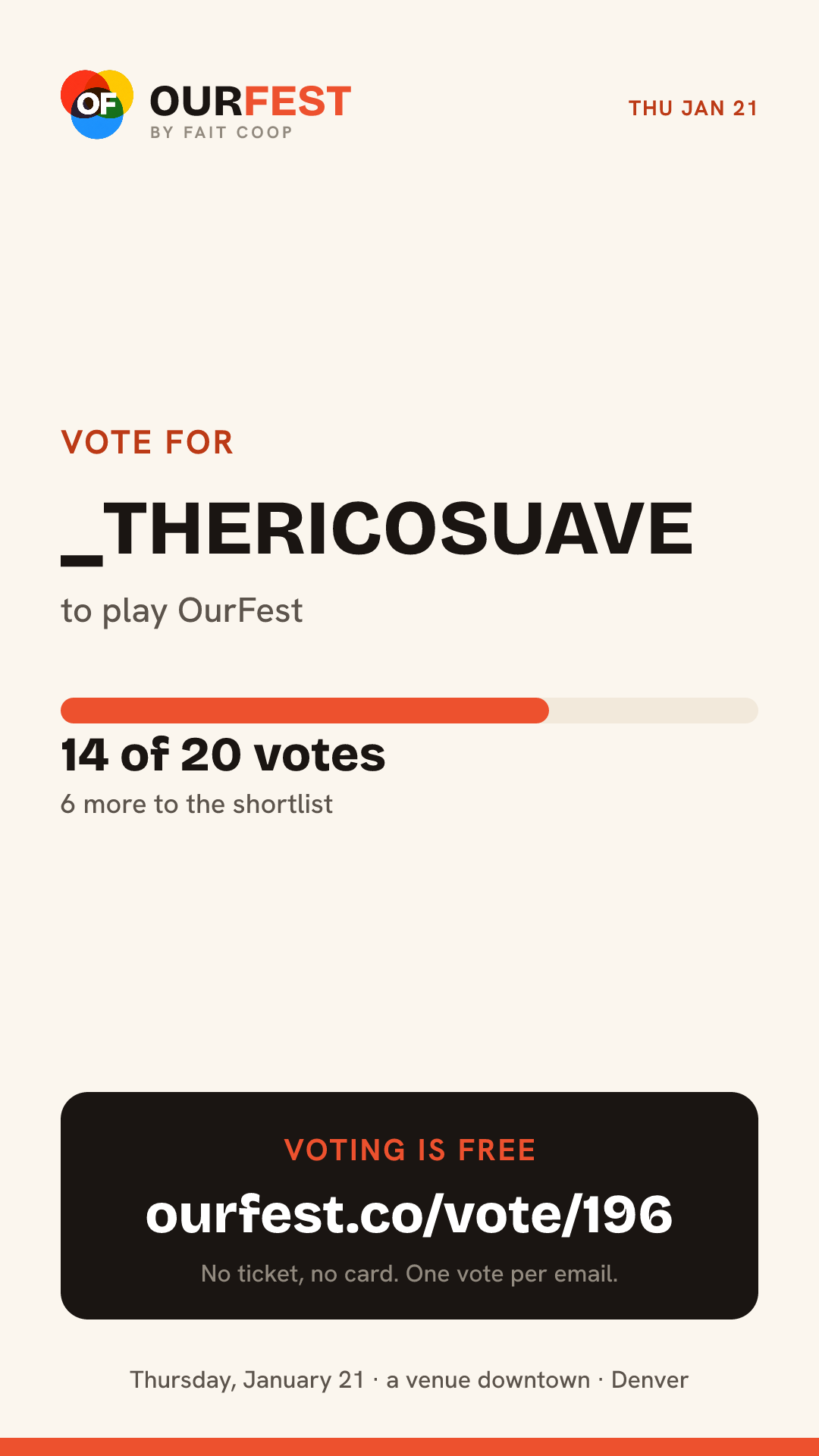 Story card: vote for _thericosuave, 14 of 20 votes, ourfest.co/vote/196