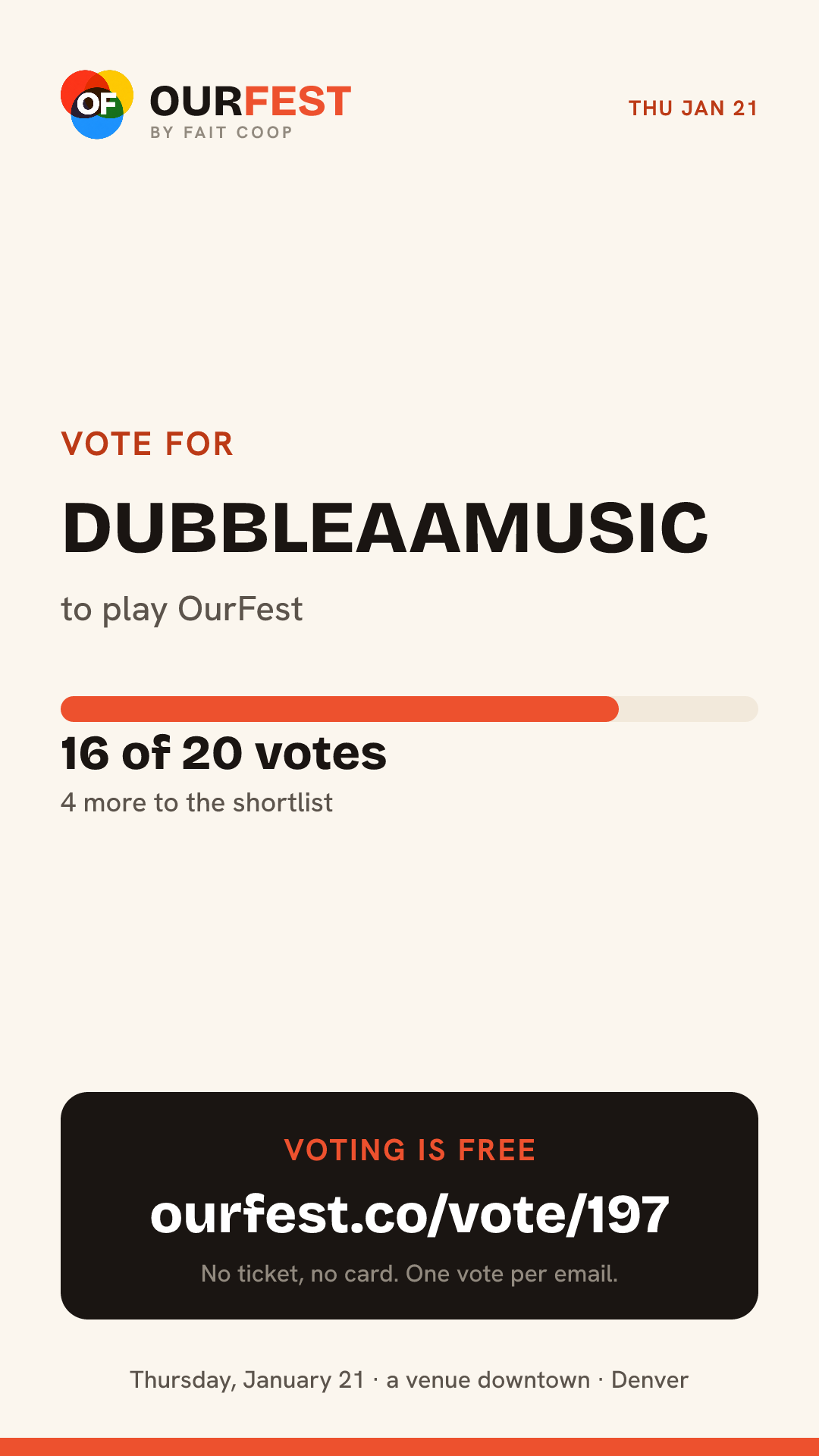 Story card: vote for dubbleaamusic, 16 of 20 votes, ourfest.co/vote/197