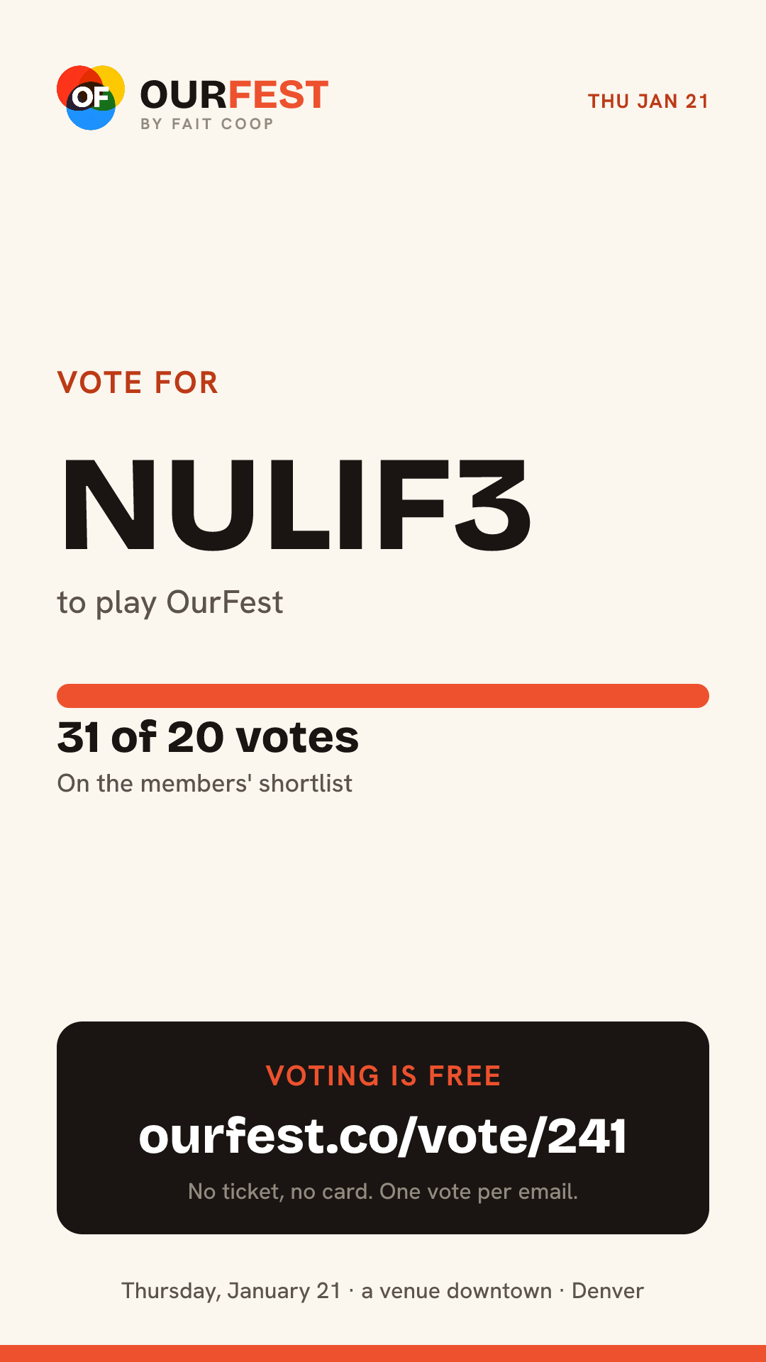 Story card: vote for nulif3, 31 of 20 votes, ourfest.co/vote/241