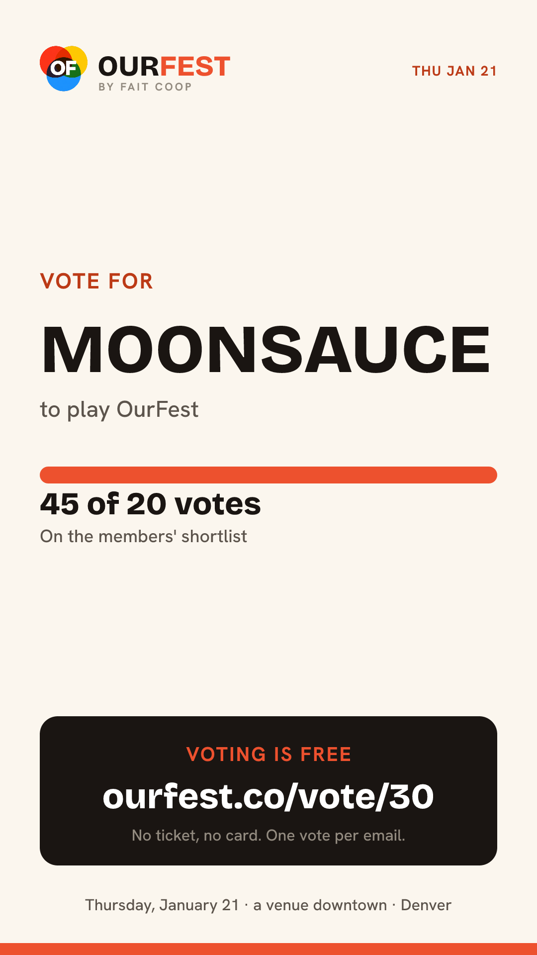 Story card: vote for Moonsauce, 44 of 20 votes, ourfest.co/vote/30