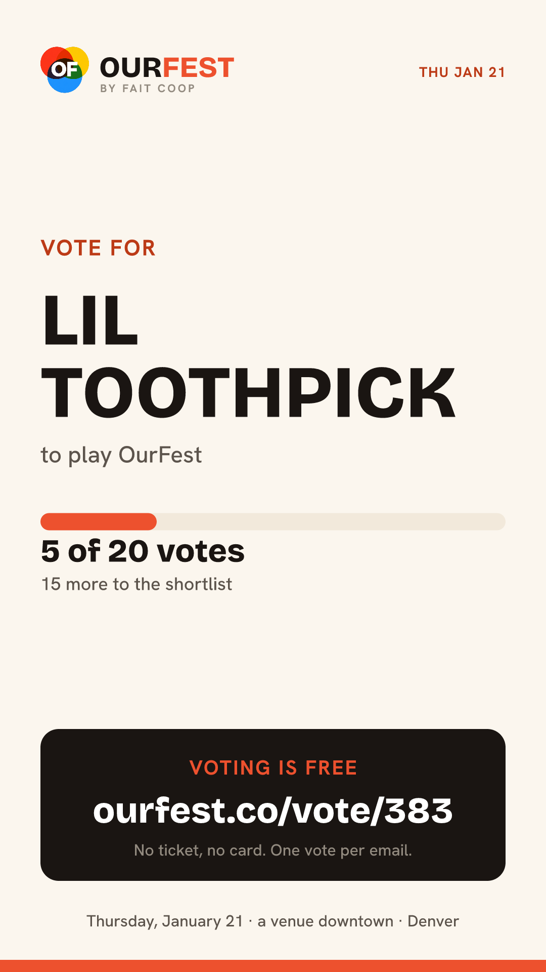 Story card: vote for Lil Toothpick, 5 of 20 votes, ourfest.co/vote/383