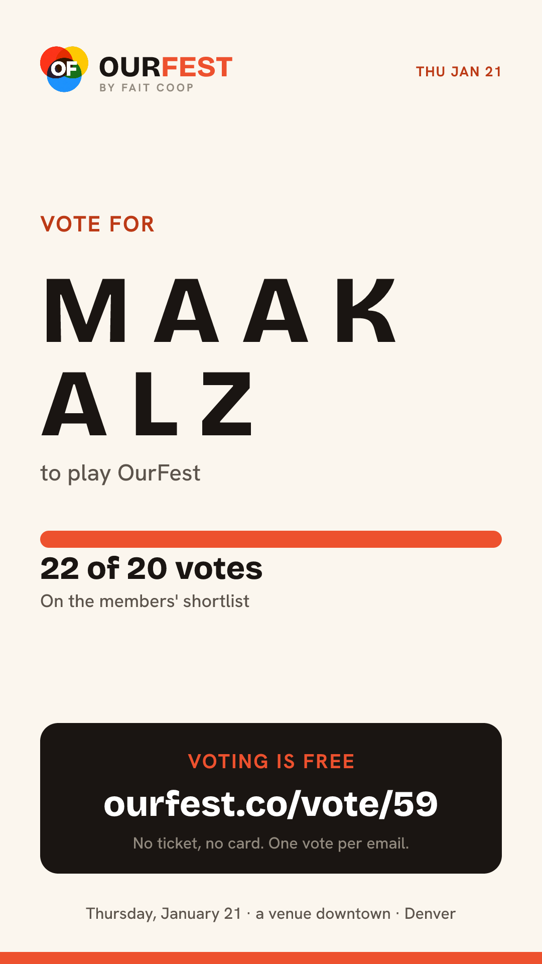 Story card: vote for M A A K A L Z, 22 of 20 votes, ourfest.co/vote/59