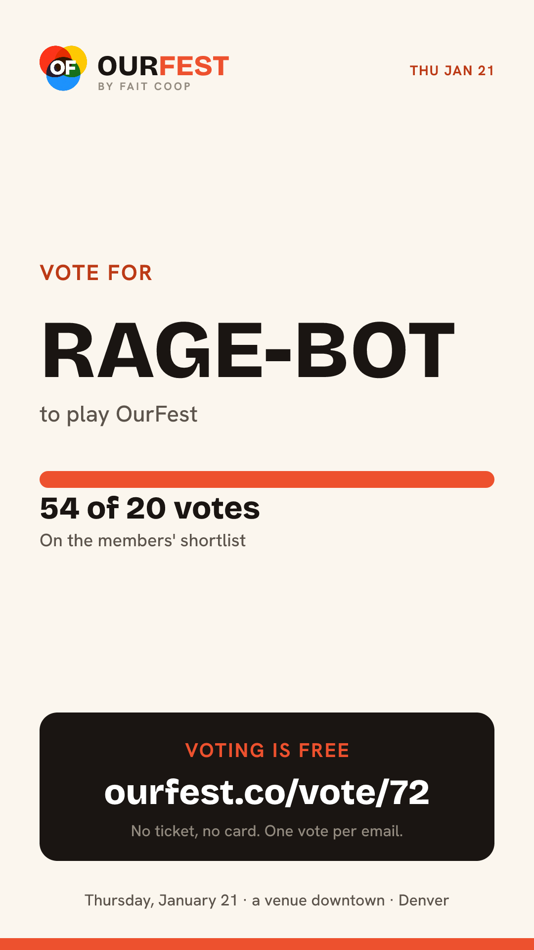 Story card: vote for Rage-Bot, 54 of 20 votes, ourfest.co/vote/72