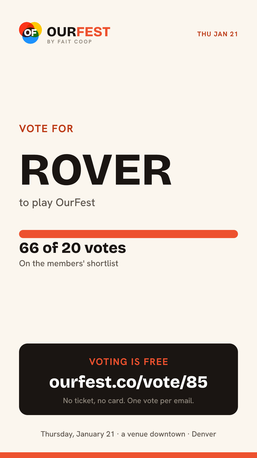 Story card: vote for ROVER, 66 of 20 votes, ourfest.co/vote/85