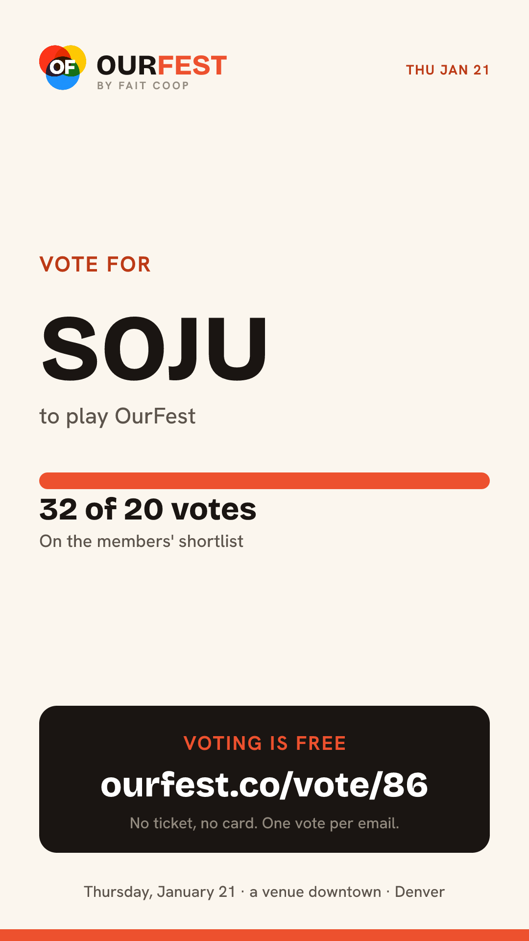 Story card: vote for soju, 32 of 20 votes, ourfest.co/vote/86