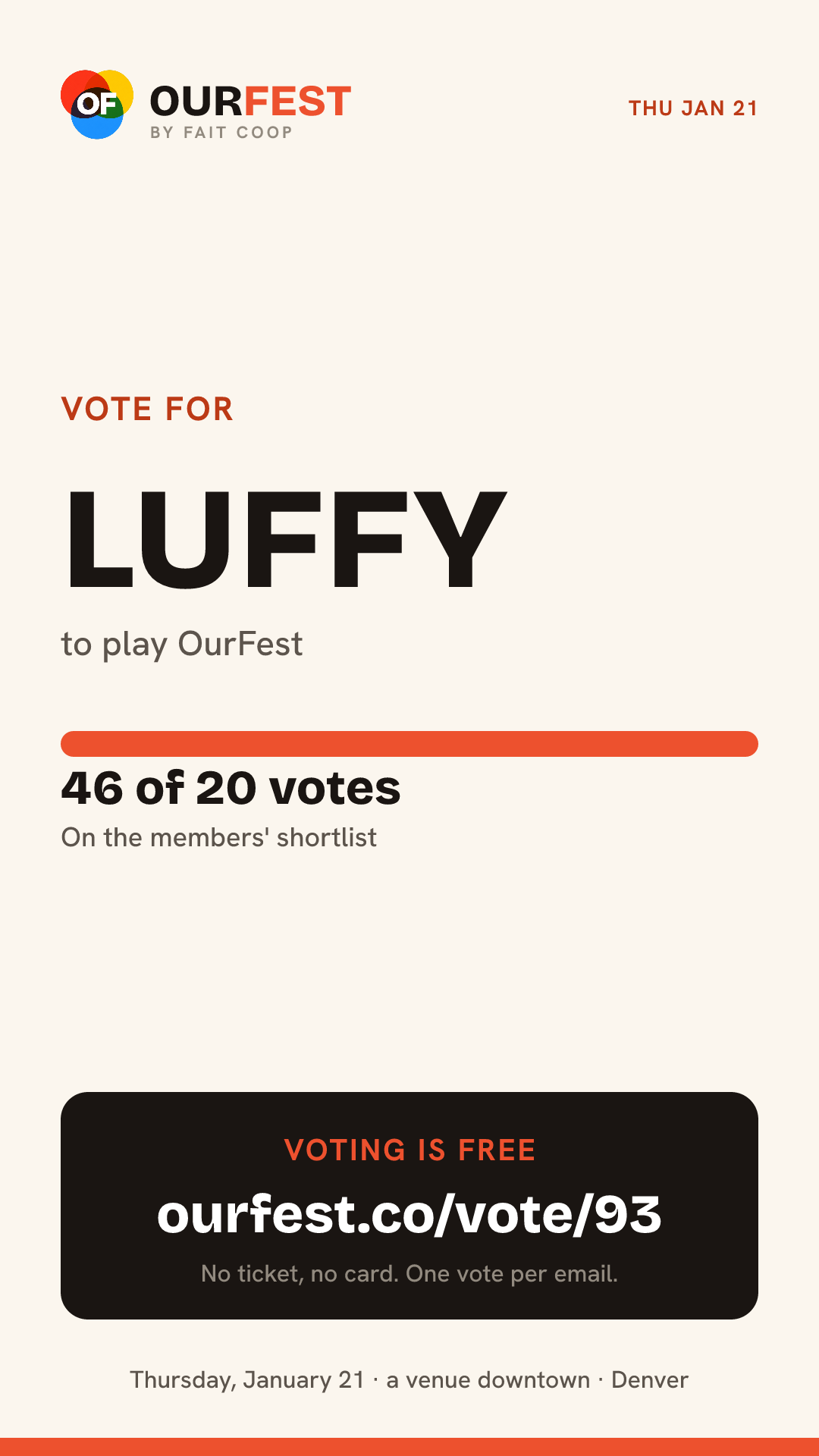 Story card: vote for LUFFY, 46 of 20 votes, ourfest.co/vote/93