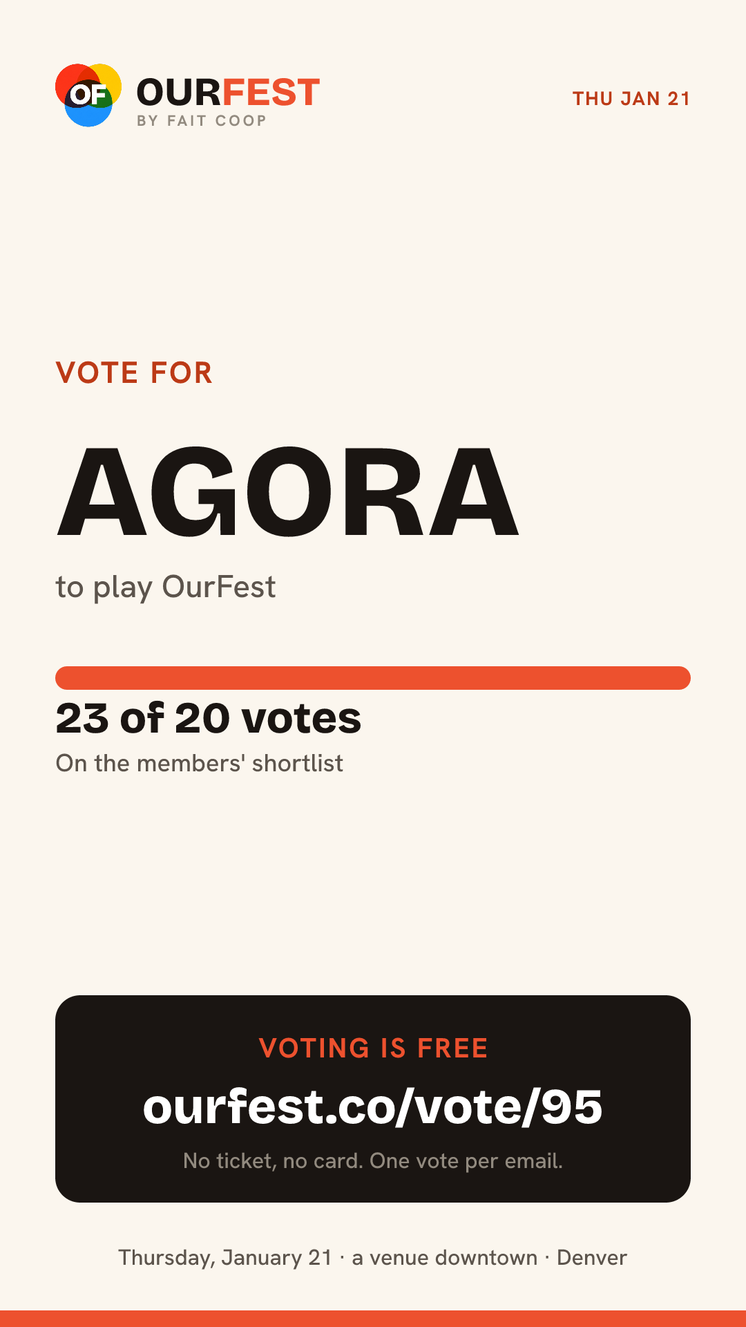 Story card: vote for AGORA, 23 of 20 votes, ourfest.co/vote/95